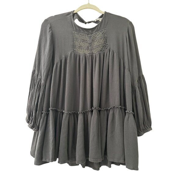 Attic Salt Womens Boho Crochet Pleated Tunic Blouse Size M Gray Rayon Flowy - Picture 1 of 15